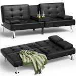 Black Leather Futon Sofa Bed with Cup Holders