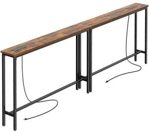 Narrow Console Table Set with Charging Station, Rustic Brown