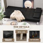 Black Leather Futon Sofa Bed with Cup Holders