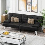 Black Leather Futon Sofa Bed with Cup Holders
