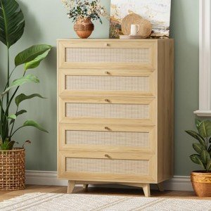 Modern Rattan 5-Drawer Dresser for Bedroom