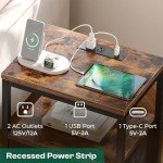 Rustic Brown Nightstand with Charging Station and Drawers
