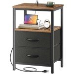 Rustic Brown Nightstand with Charging Station and Drawers