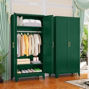 Green Metal Wardrobe Cabinet with Adjustable Shelves