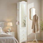White Wooden Armoire Wardrobe with Mirror & Drawers