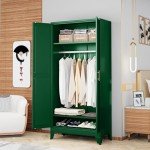 Green Metal Wardrobe Cabinet with Adjustable Shelves