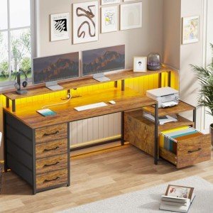 Rustic Brown Home Office Desk with Storage & Power