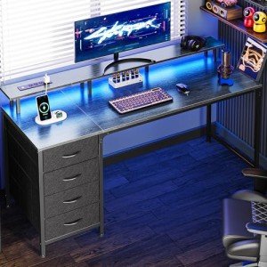 55 Inch Gray Gaming and Office Desk with LEDs
