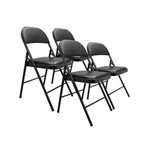Black Vinyl-Padded Folding Chairs, Set of 4