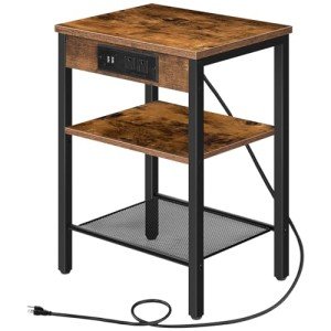Rustic Brown 3-Tier End Table with USB Ports