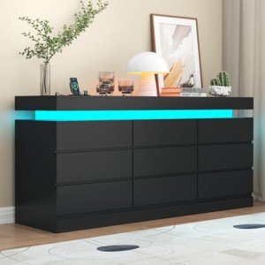 Modern 9-Drawer Dresser with Power Outlet and LED