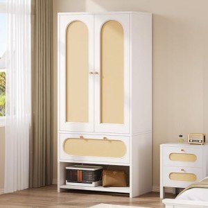White Rattan Armoire Closet with Storage & Drawers