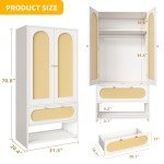 White Rattan Armoire Closet with Storage & Drawers