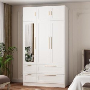 Modern White 3-Door Wardrobe with Mirror and Drawers