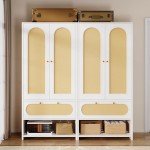 White Rattan Armoire Closet with Storage & Drawers