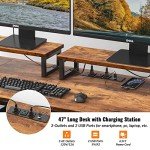 Rustic Brown Computer Desk with Drawer and Outlets
