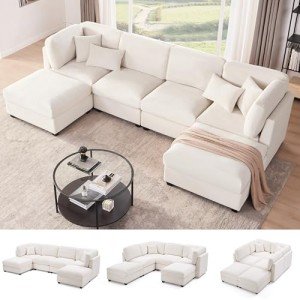 Beige 140-Inch Modular Corduroy Sectional Sofa