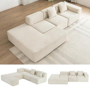 Cream Minimalist L-Shaped Sectional Sofa for Living Room