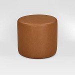Caramel Brown Round Faux Leather Ottoman Bench
