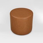 Caramel Brown Round Faux Leather Ottoman Bench