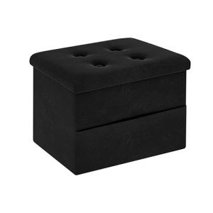 Velvet Storage Ottoman with Side Pocket - Black