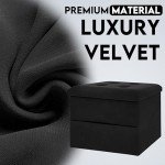 Velvet Storage Ottoman with Side Pocket - Black