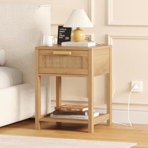 Rovaurx Rattan Nightstand with Charging Station