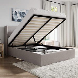 Modern Queen Size Lift Up Storage Bed – Light Beige