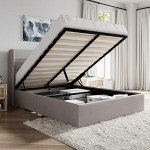 Modern Queen Size Lift Up Storage Bed – Light Beige