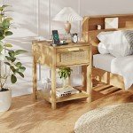 Rovaurx Rattan Nightstand with Charging Station