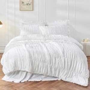 Fluffy White Queen Comforter Set with Ruffles