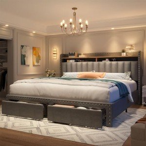 Grey Queen Bed Frame with Storage and Headboard