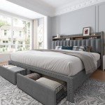 Grey Queen Bed Frame with Storage and Headboard