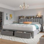 Grey Queen Bed Frame with Storage and Headboard