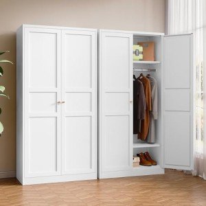 White Metal Wardrobe Closet with Adjustable Shelves