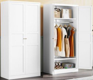 White Metal Wardrobe Cabinet with Adjustable Shelves