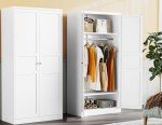White Metal Wardrobe Cabinet with Adjustable Shelves