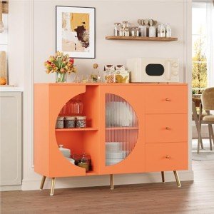 Modern Cream Coffee Bar Cabinet with Glass Door