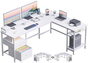 White 66" L-Shaped Desk with Shelves and Drawers