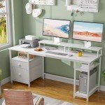 61'' White Computer Desk with File Cabinet & Shelves