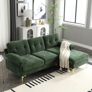 Green L-Shaped Chenille Sectional Sofa for Small Spaces