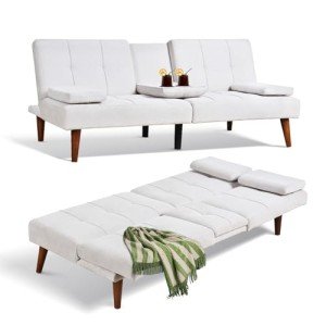 Beige Fabric Futon Sofa Bed with Cup Holder