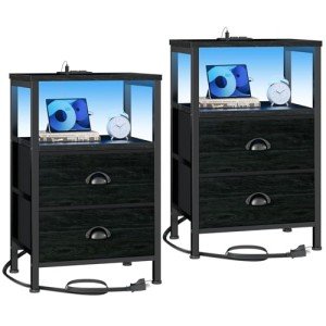 2-Pack Black Nightstands with Charging Station & LED Lights