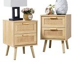 Finnhomy Rattan-Decor Nightstand Set with Storage