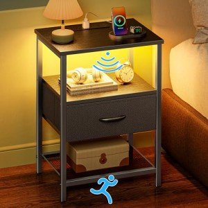 Black Nightstand with LED Light and Charging Station