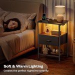 Black Nightstand with LED Light and Charging Station