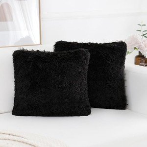 Set of 2 Black Faux Fur Throw Pillow Covers