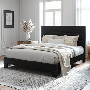 Velvet Upholstered Queen Platform Bed Frame, Black
