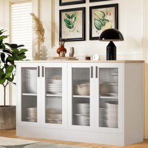 Anystyle White Buffet Cabinet with Fluted Glass Doors