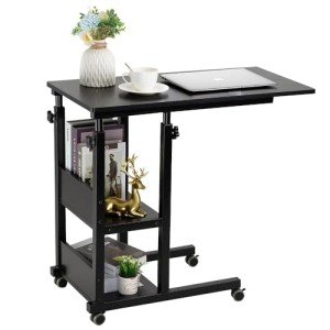 Adjustable C-Shaped Side Table with Wheels and Storage